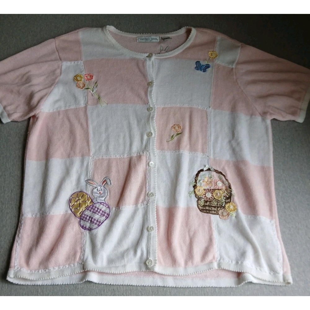 Vintage Victoria Jones Sweater 4x Cardigan Easter Bunny Lace Embroidered Cottage